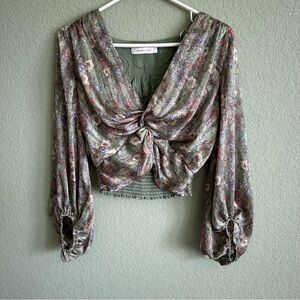 Women’s Green Cropped Blouse Top Long Sleeve Mustard Seed Small Boutique